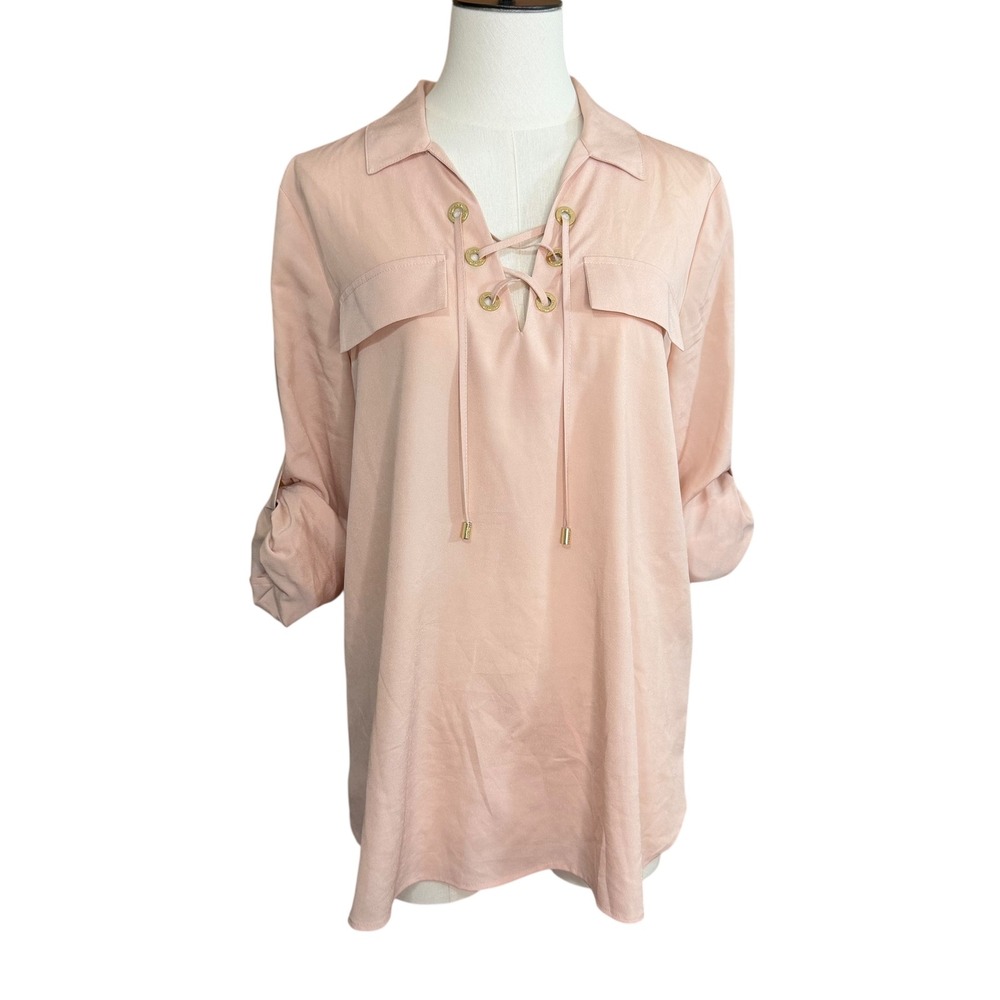 Calvin Klein‎ Womens Blush Pink Lace Up V-Neck Roll Tab Sleeve Blouse Small